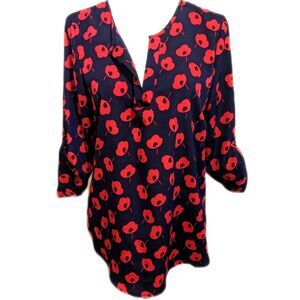 41 Hawthorn (Stitch Fix) navy blue long sleeve blouse w/ red poppy design, M